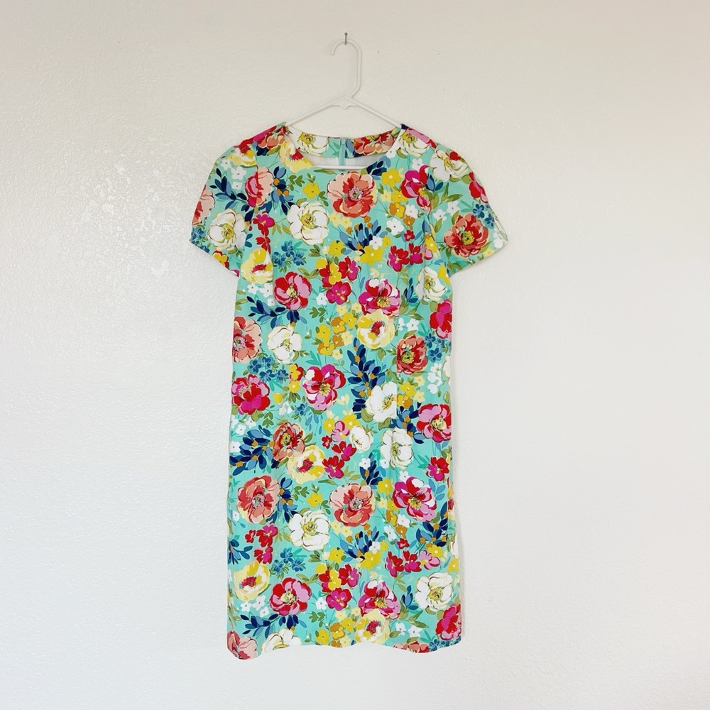 Colorful Floral Shift Dress Preppy Golf Garden Party Aqua Pink Yellow Flower S